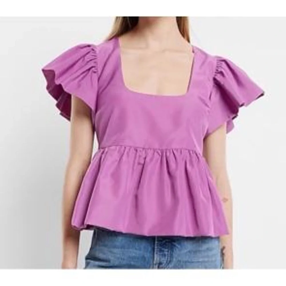 Express Peplum Pink Ruffle Short Sleeve Blouse Flutter Top Square Neck Business - Picture 4 of 5